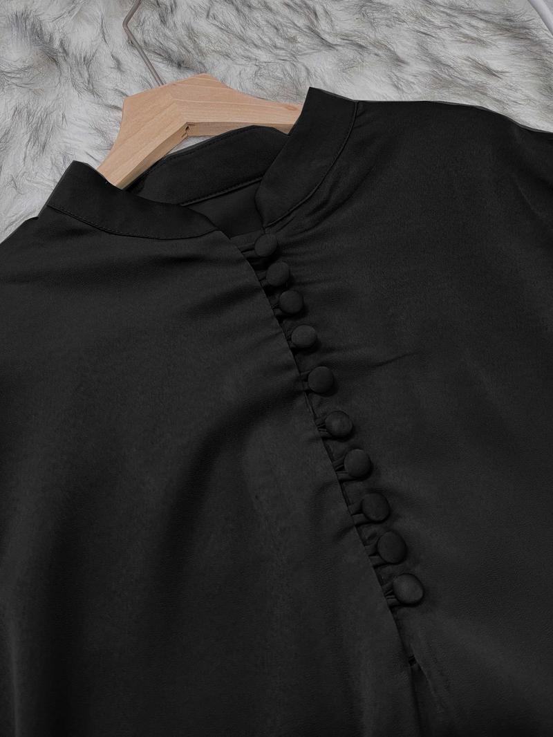 Product Introduction of Women's Solid Button Front Batwing Sleeve Abaya Dress, Elegant Button Decor Cuff Long Sleeve Stand Collar Maxi Muslim Dress for Party Holiday Wedding Guest, Ladies Fall & Winter Clothes 8