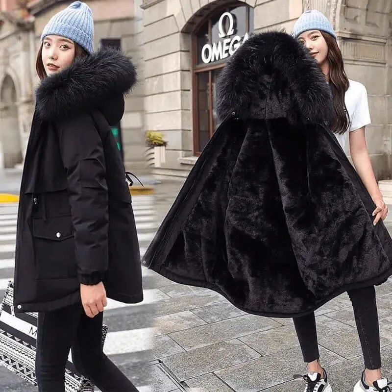 Áo parka lót lông dây rút eo sang chảnh mũ lông to đẹp