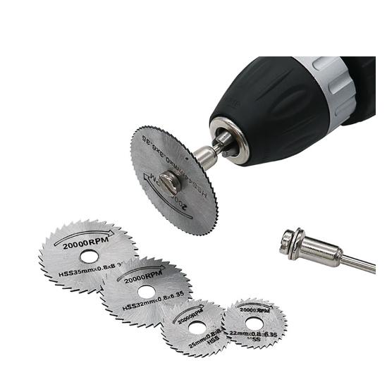 Bộ 6 lưỡi cưa mini kèm 2 trục 3,2mm gắn máy khoan máy mài cắt, lưỡi cưa gỗ, Bộ chuyển đổi máy khoan thành máy cắt