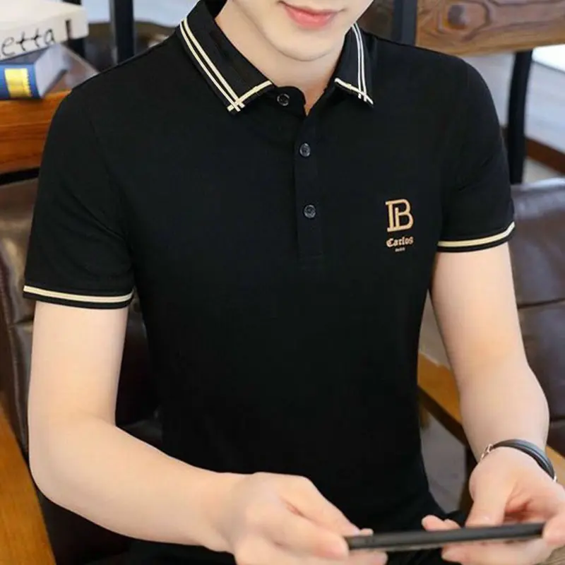 Áo thun nam đẹp có cổ tay ngắn thêu B - trắng mẫu đẹp 2024 Menswear Ngắn Tay Polo Cotton 1
