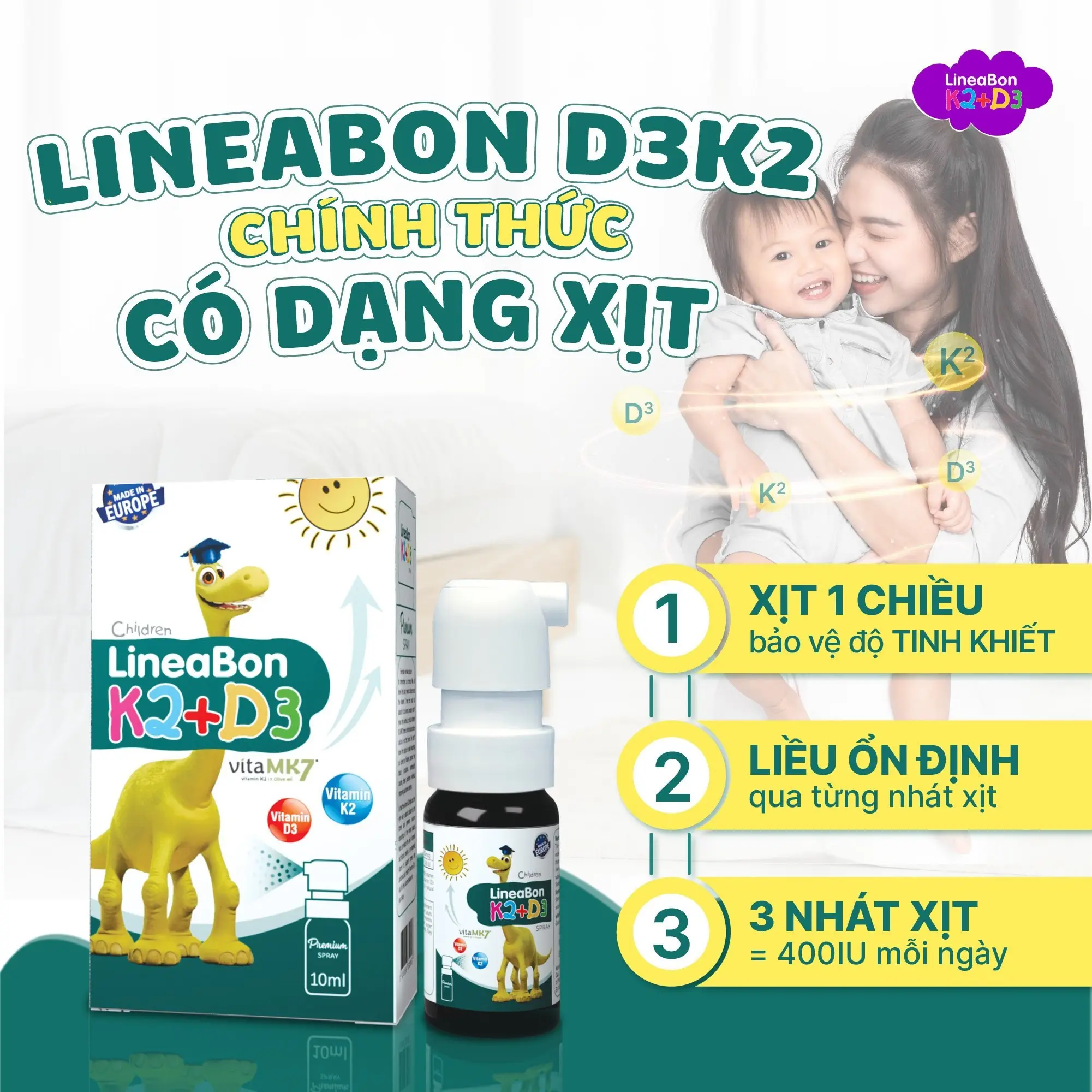 LineaBon D3K2 tinh khiết - Dạng xịt tiện lợi - Hỗ trợ hấp thu canxi cho bé [Hộp 10ml] Vitamin