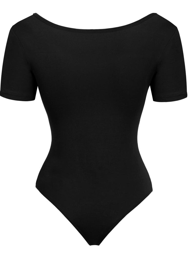 Product Introduction of Women's Solid   Bodysuit, Casual Comfy Short Sleeve Bodysuit for Summer, Ladies Clothes for Daily Wear 2