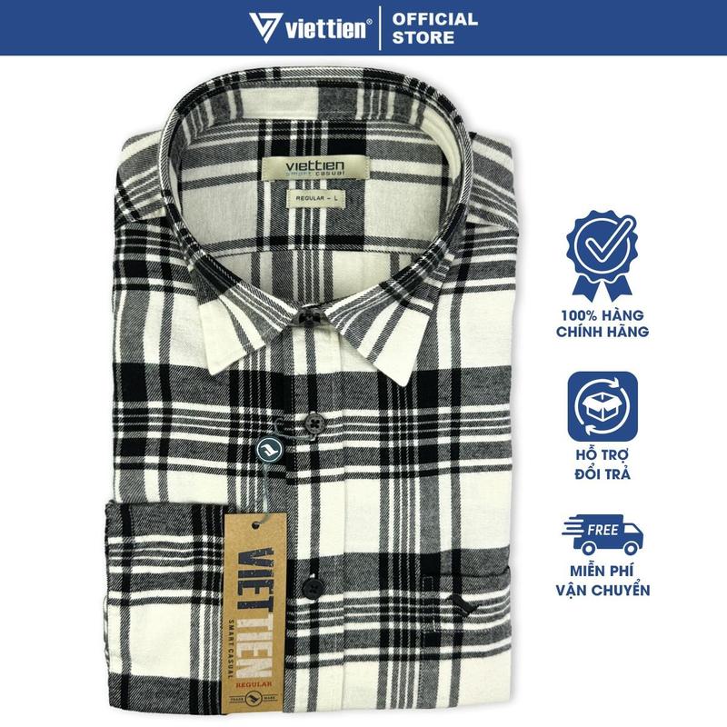 Áo Sơ Mi Nam Công Sở Viettien Smart Casual Tay Dài Màu Caro Trắng - Đen Form Regular Lai Bầu Menswear Shirt