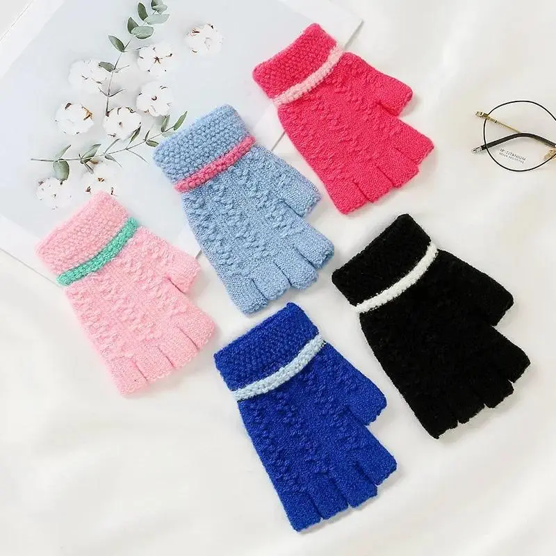 Winter Warm Half Finger Gloves Jacquard Knitted Gloves for Students Writing Kids Fingerless Gloves Children Boys Girls 4-8T