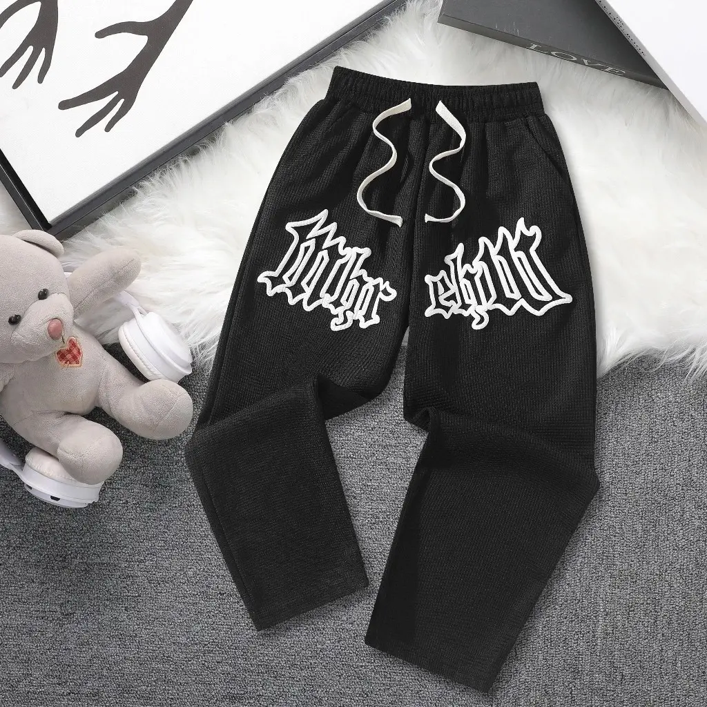 KRN 6-11yrs letter waffle pants for kids slock pants loose straight cut pants sweatpant wide leg trouser