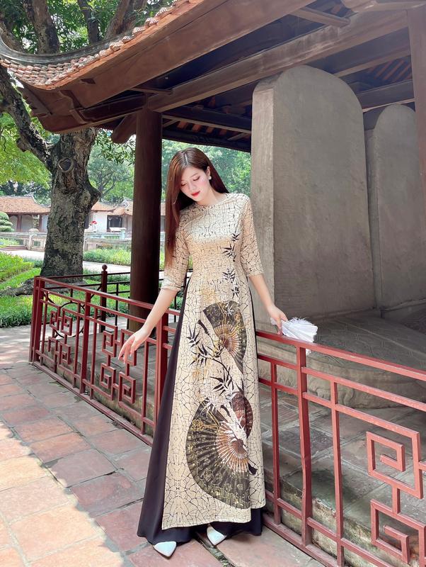 Áo dài lụa nhật in 6D - MÃ LV66 Nữ Women Dress Nhung Sen Kem Voi 2