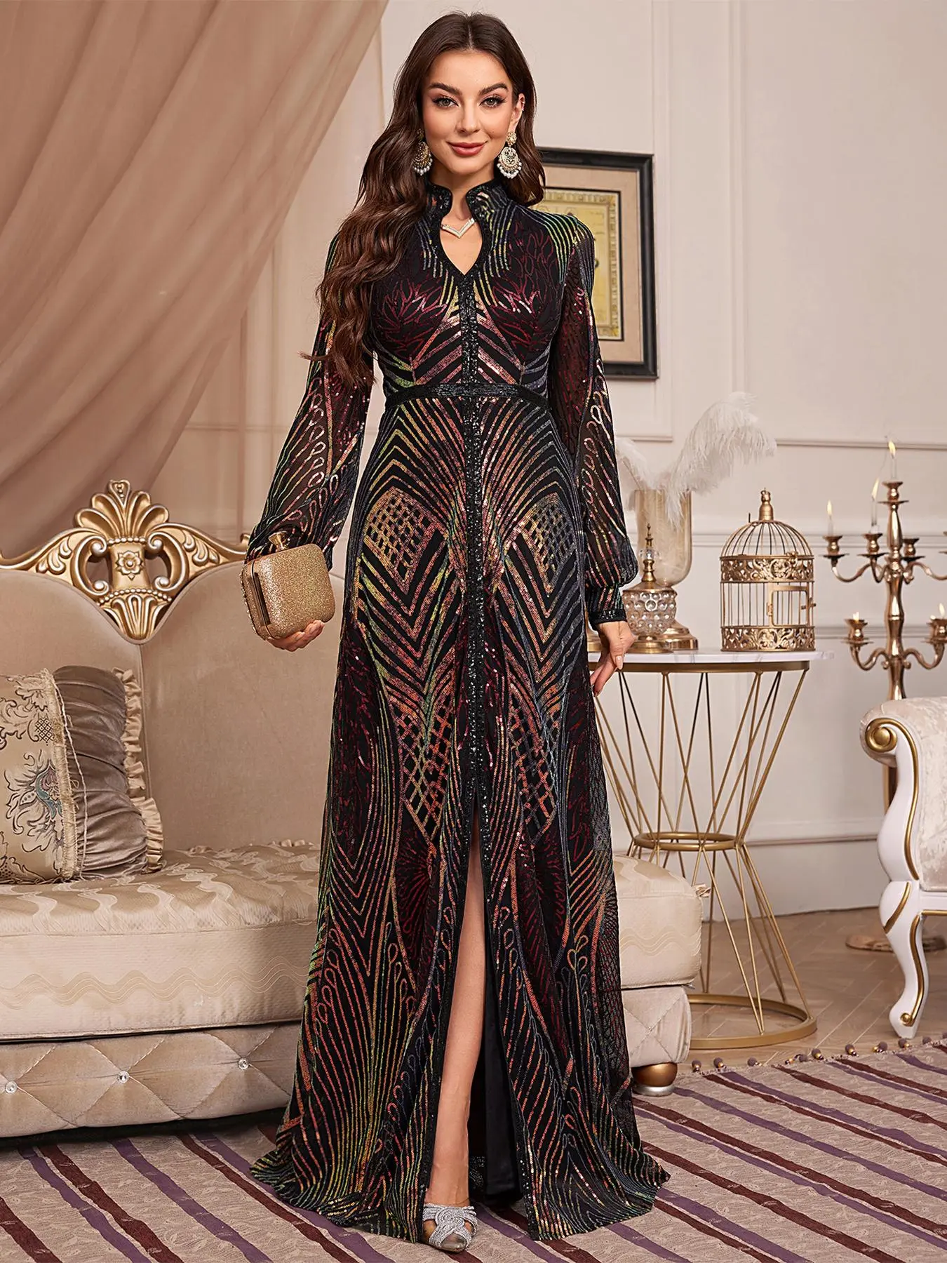 Women's Contrast Sequin Flounce Sleeve Split Hem Party Dress, Elegant Long Sleeve V Neck Maxi Dress for Evening Party Formal Occasions, Dresses for Women, Ladies' Clothes for All Seasons