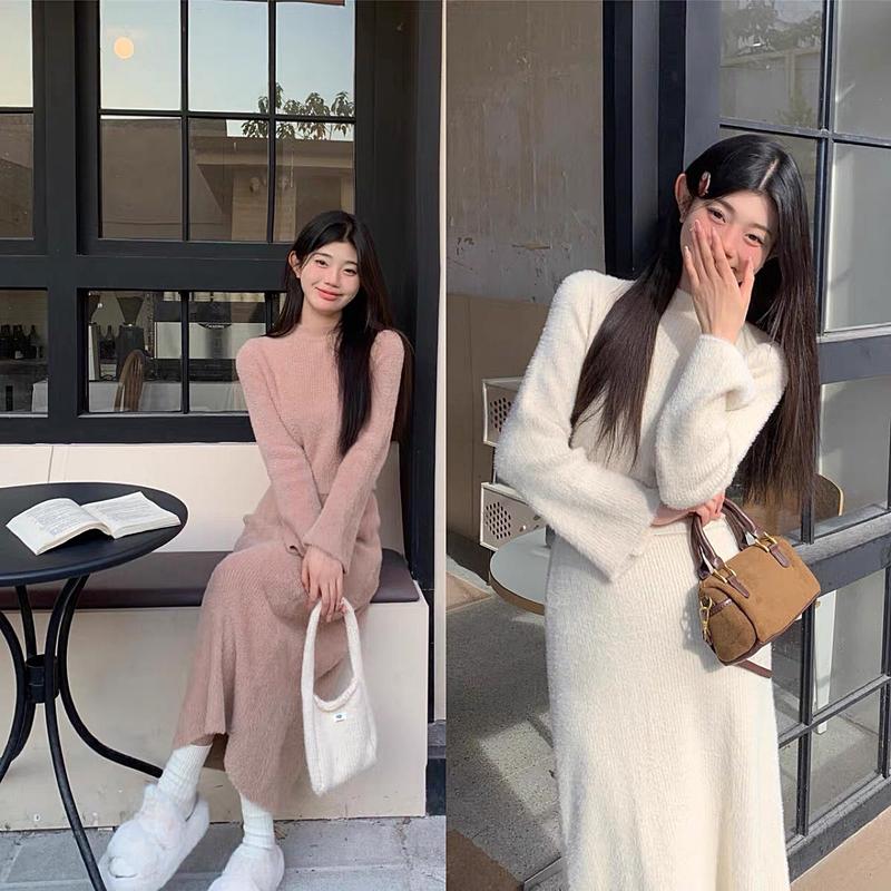 Set len lông thỏ ép áo dài tay loe và chân váy dài ngang thân hàng QCCC Nữ Women