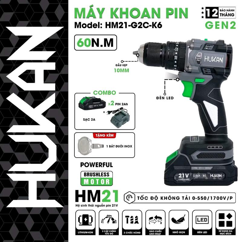 [Chính hãng] Máy khoan pin HUKAN HM21-G2C-K6, Không Chối Than, 3 Chức Năng, đầu kẹp 10mm siet bulong may bor