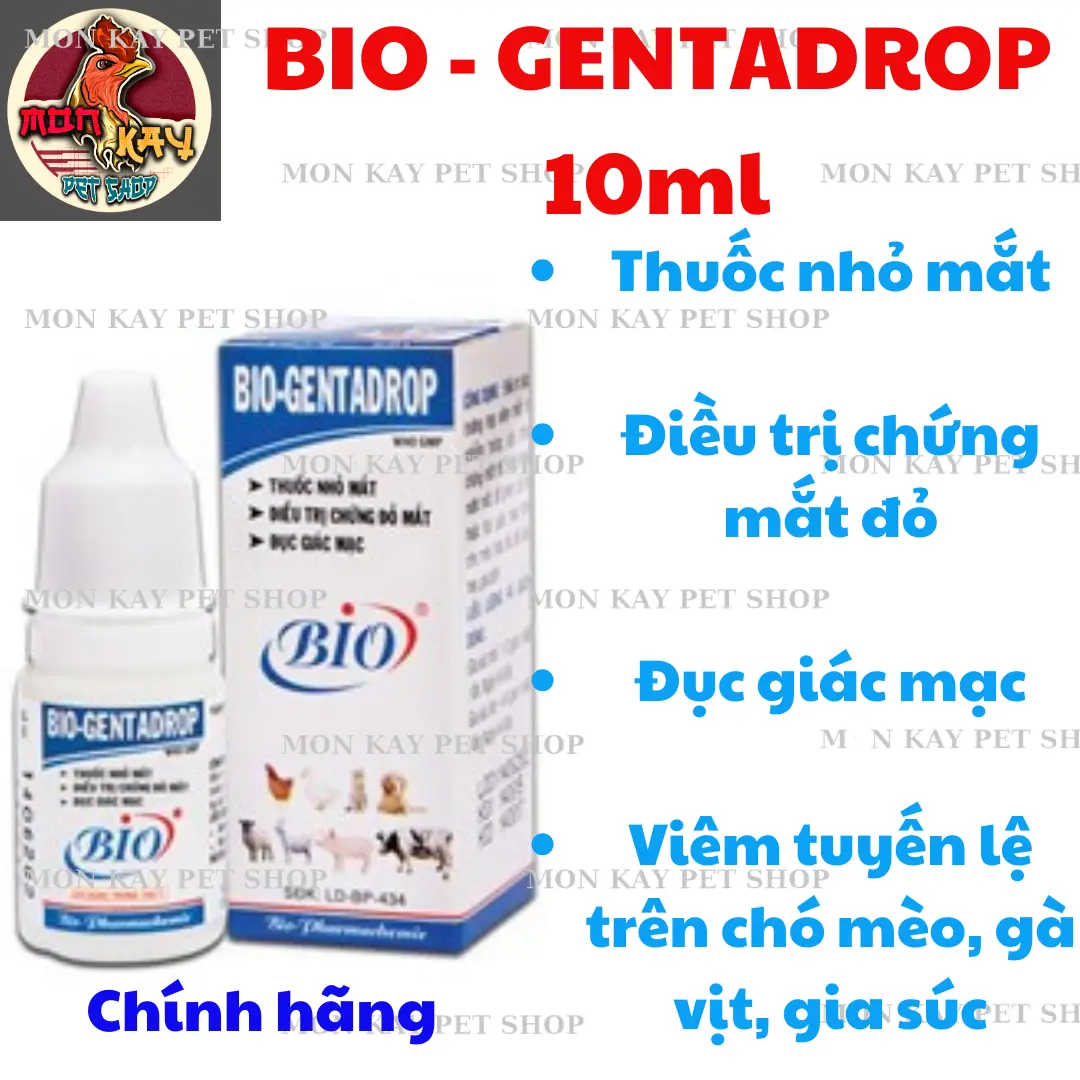 1 lọ thuốc nhỏ mắt trị đỏ mắt, dục giác mạc, viêm tuyến lệ trên chó mèo, gà vịt, gia súc. Bio gentadrop (dạng lỏng 10ml) pio