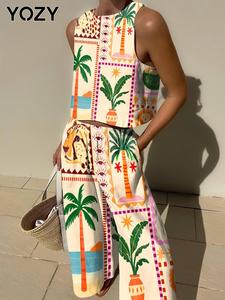 YOZY Two-Piece Set Women's Palm Tree Print Tank Top & Wide Leg Pants Set, Casual Sleeveless Top & Trousers for Daily Wear, Ladies Two-piece for All Seasons