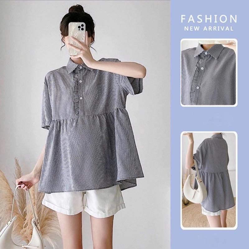 Áo Bầu Sơ Mi Cộc Tay Kẻ caro Đen Trắng | Chất thô mềm mát - Size S M L XL aobau cong