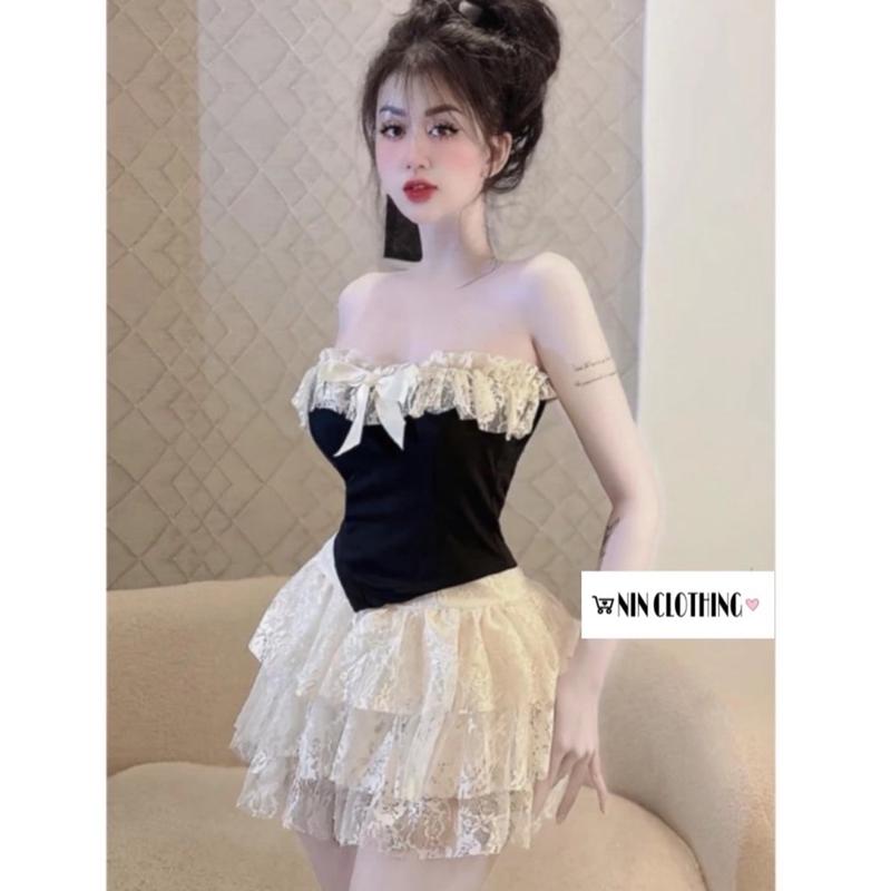 Set Nữ áo quây nơ ren và chân váy tầng ren sang chảnh, set sang chảnh đi tiệc, set sang chảnh đi đâm cưới, set áo và chân váy tầng (có kèm ảnh thật shop tự chụp) Nữ Kem Top Women Nhung 1