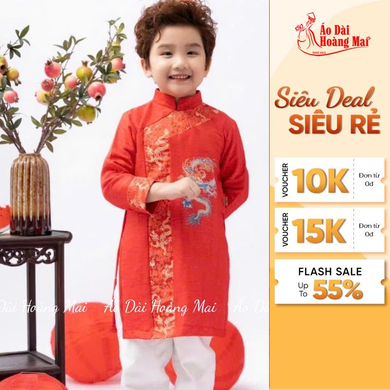 Áo dài cho bé trai, áo dài cách tân Thêu Rồng Ngũ Sắc vải tuyết mưa phối gấm cao cấp-Áo Dài Hoàng Mai