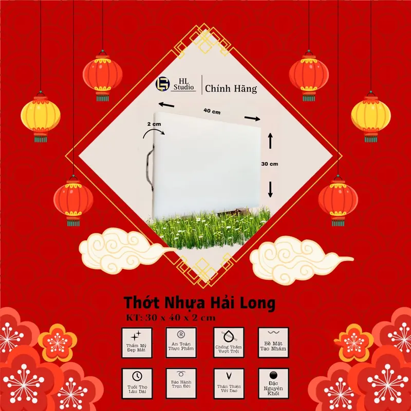 Thớt vuông chuyên thái 30x40x2 đầy đủ tay cầm 1