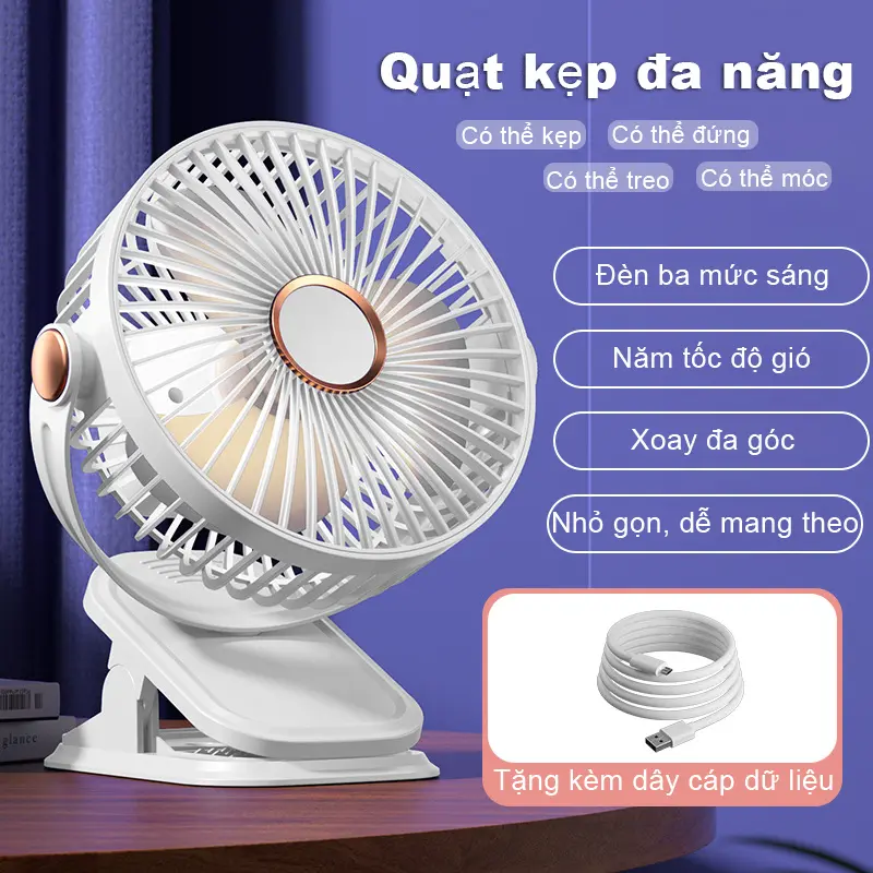Quạt gió kẹp xoay tự động360˚, 6 cấp độ gió, đèn ngủ chữ U, màn hình led - Fan, Quat, Quạt tích điện đa năng để giường ký túc xá, quạt cây mini xoay, quạt treo tường, quạt tích điện đi quân sự, quạt kẹp xe đẩy