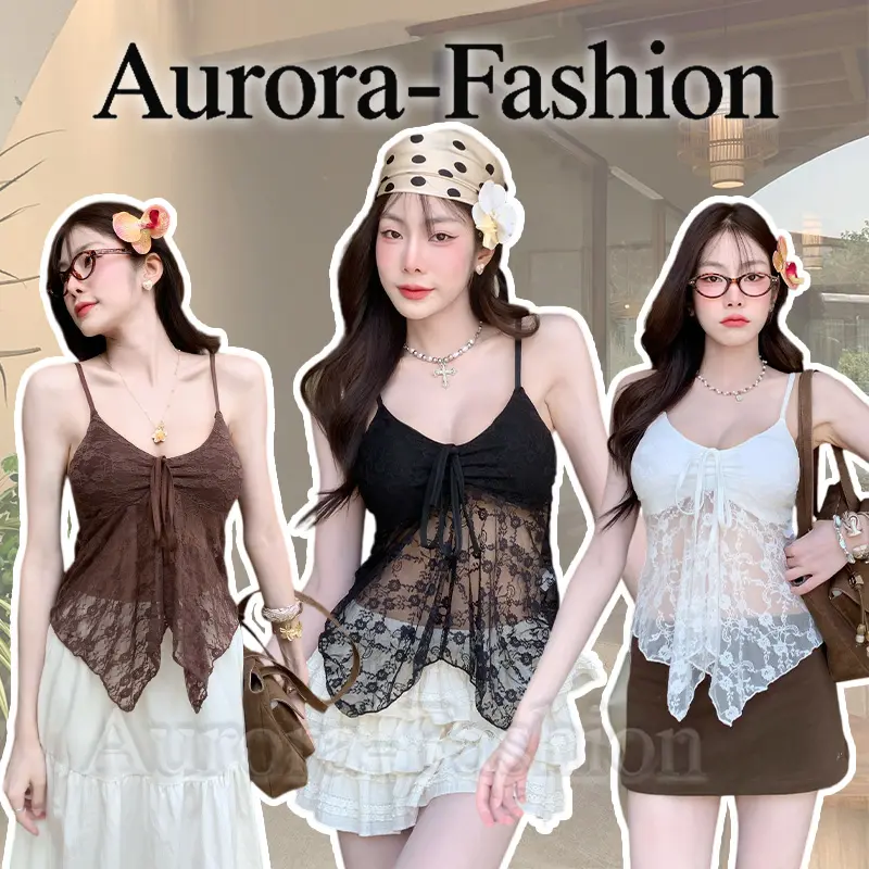 Auroraพร้อมส่ง(รูปถ่ายจากงานจริง) เสื้อสายเดี่ยว ผ้าบางเบา รายละเอียดขอบลูกไม้ สายผูกโบว์ ดีเทลเก๋ๆน่ารักไม่เบา