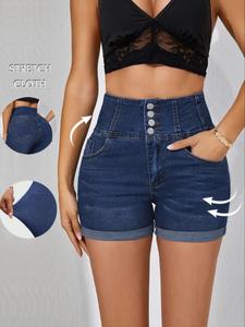 Women's Button Fly Denim Shorts, Casual Pocket Design Denim Shorts for Daily Wear, Ladies Bottoms for Summer