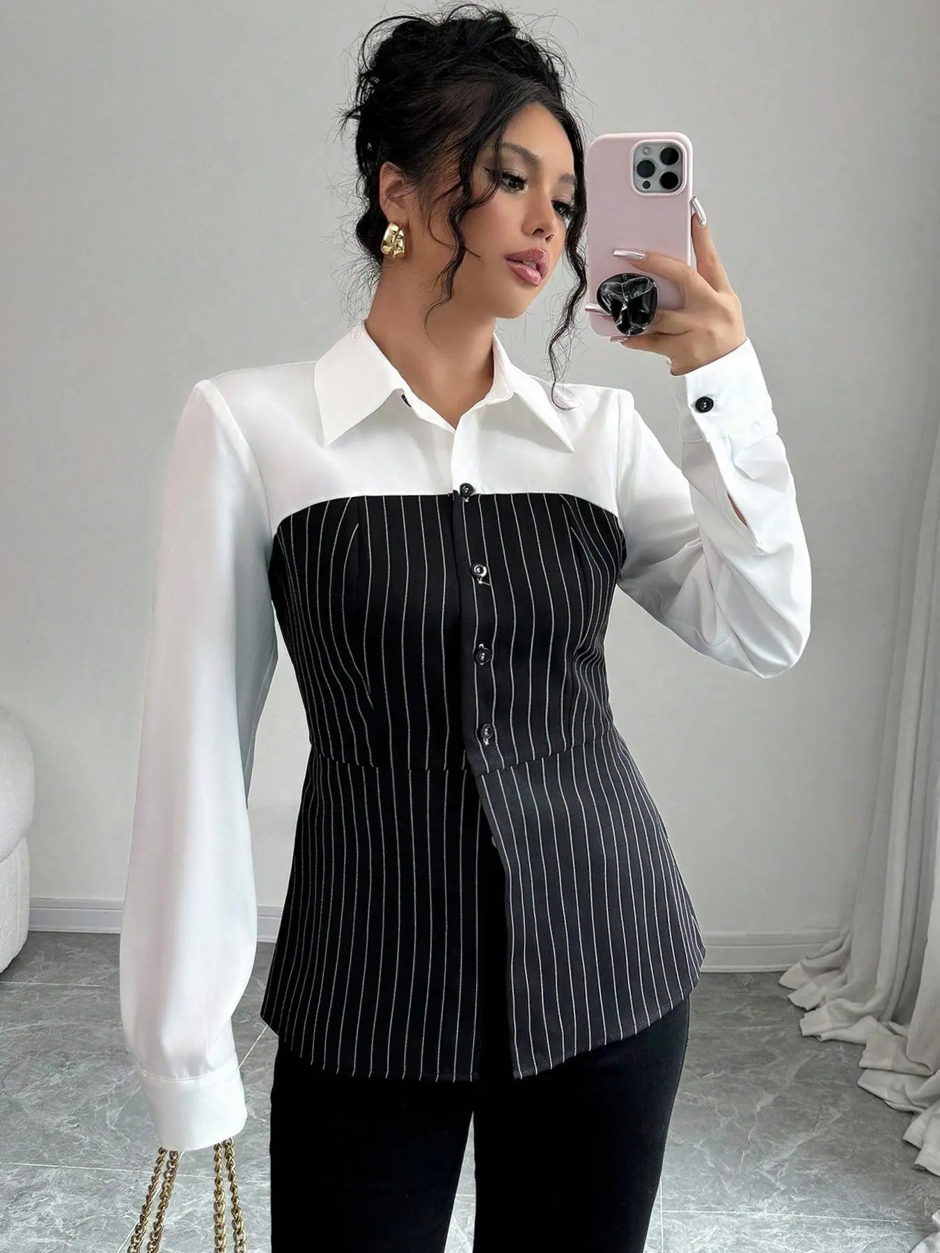 【Plus Size】 Striped Print Collar Shirt, Casual Long Sleeve Top for Spring & Fall, Women's Clothes for Daily Wear