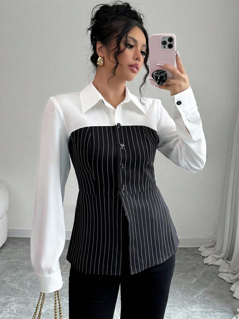 Product Introduction of 【Plus Size】 Striped Print Collar Shirt, Casual Long Sleeve Top for Spring & Fall, Women's Clothes for Daily Wear 1
