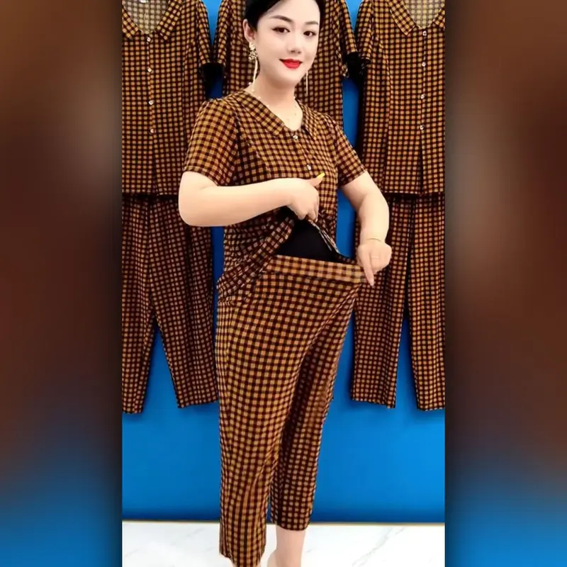 Quần Áo Mùa Hè Cho Mẹ, Bộ Đồ Hai Mảnh ngắn Tay, Bộ Đồ Nữ Trung Người Già Và Cao Tuổi, Bộ Áo Phông Cổ Tròn, Áo Sơ Mi Nhỏ Dáng Rộng Vừa Vặn, Thích Hợp Cho Phụ Nữ 50 Đến 60 Tuổi, Phong Cách Y2g 2