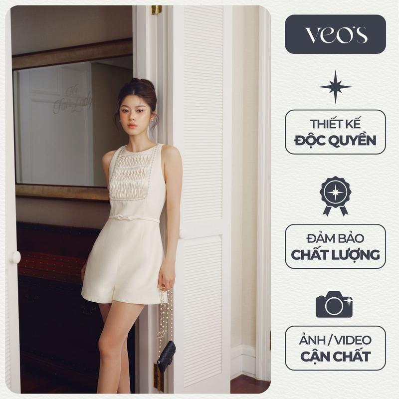 [VEO'S] Toffee Jumpsuit - Set Jumpsuit Cổ Smock Viền Đá Không Tay Quần Form A Veo's Nữ Màu Đen, Be Thanh Lịch Tiểu Thư