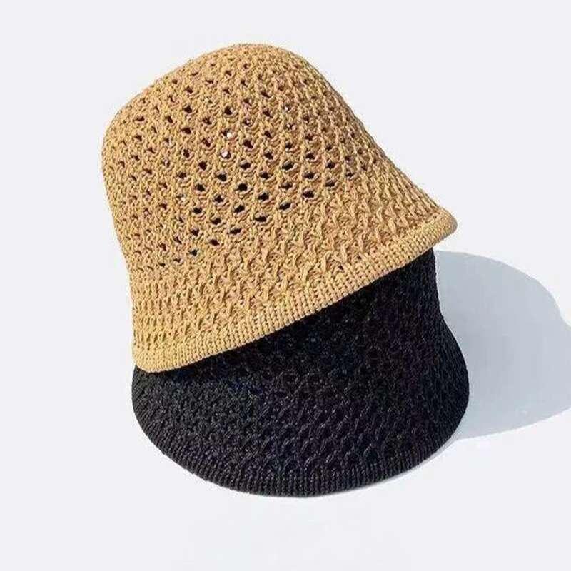 Bucket Spring Summer Hollow Knitted Hat Solid Color Sunhat Fisherman Caps Casual Foldable Beach Cap 3