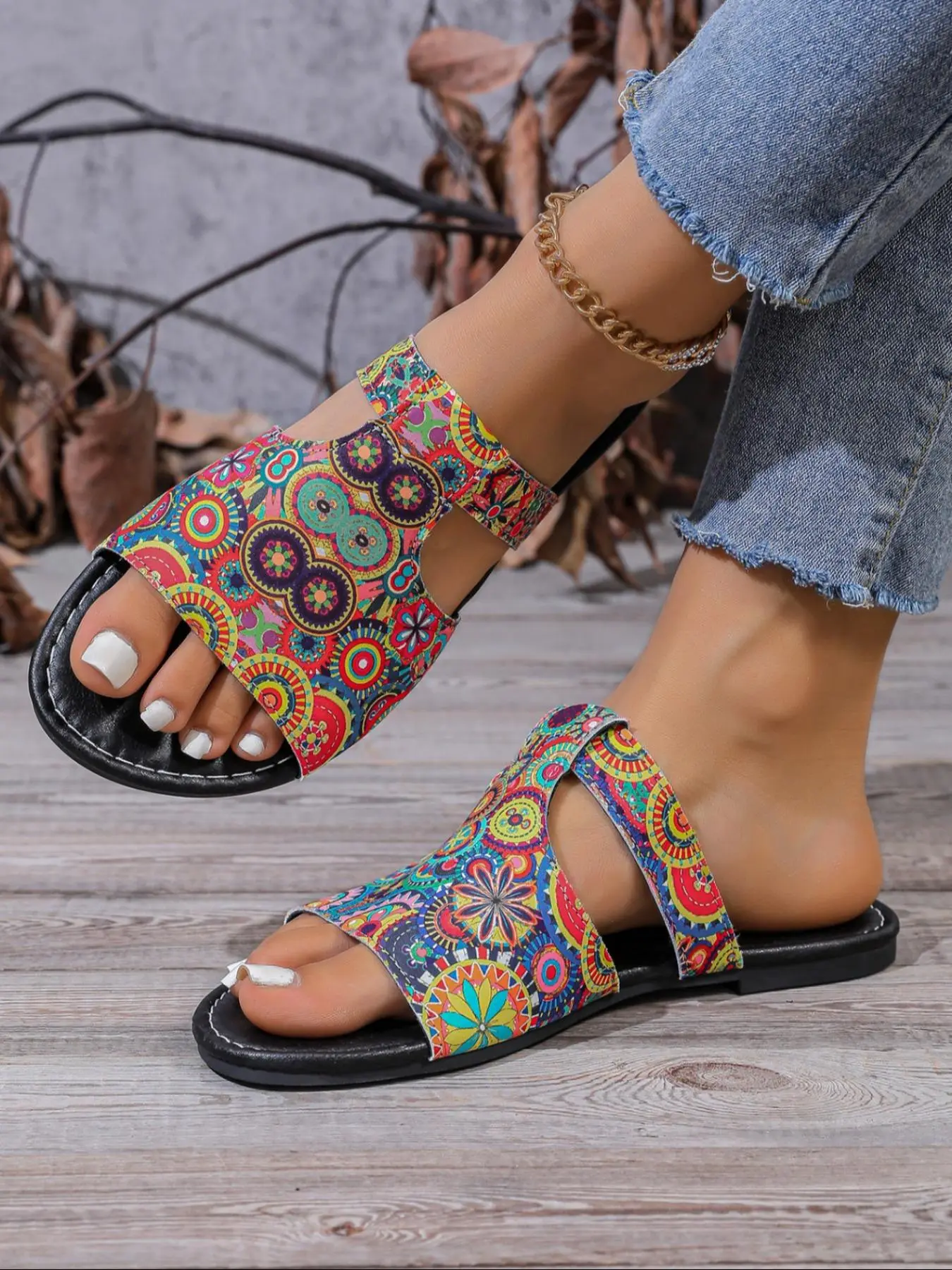 Women's Fashionable Boho Style Patchwork Design Slide Sandals, Casual Comfortable Flat Sandals for Summer, Female All-match Round Toe Sandals for Daily Wear, Walking Shoes