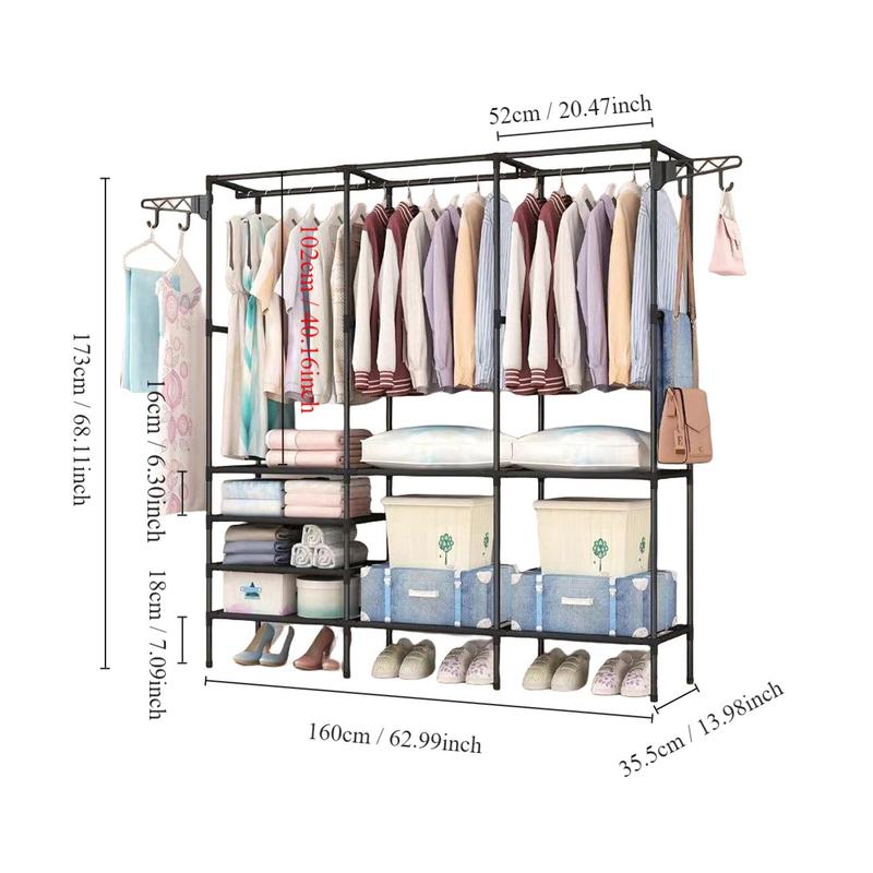 3-row Large Capacity Coat & Shoe Rack, Household Bedroom Floor Clothes Storage Rack, Freestanding Multifunctional Clothes Wardrobe Shelves for Bedroom, Summer Gifts 1