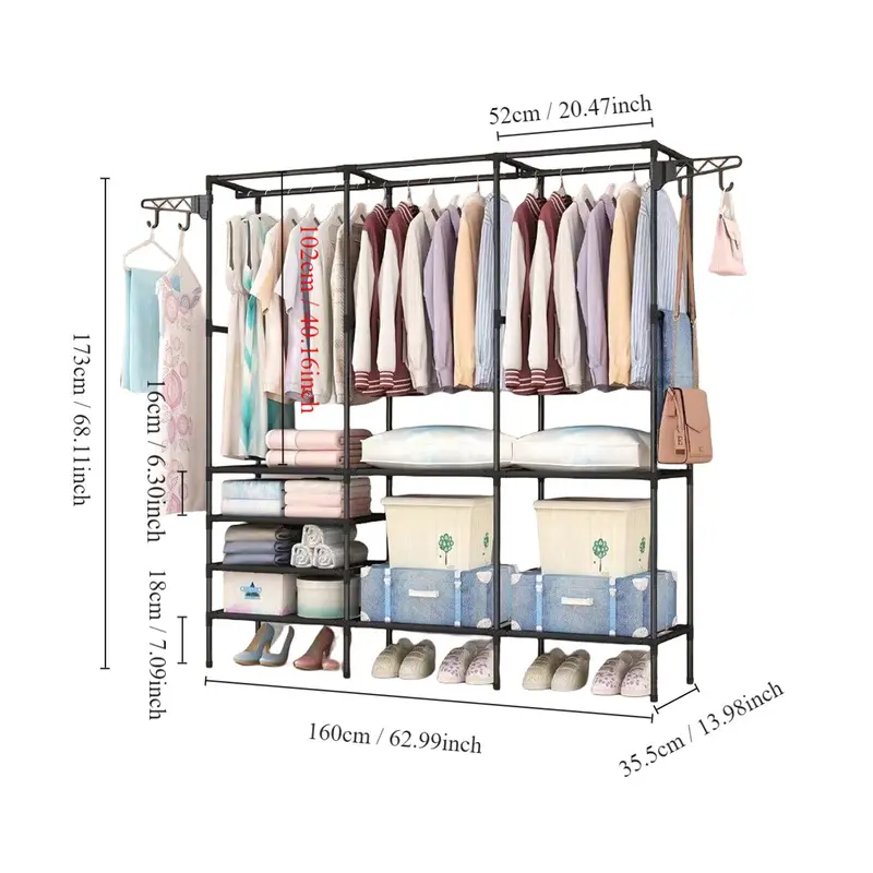3-row Large Capacity Coat & Shoe Rack, Household Bedroom Floor Clothes Storage Rack, Freestanding Multifunctional Clothes Wardrobe Shelves for Bedroom, Summer Gifts 1