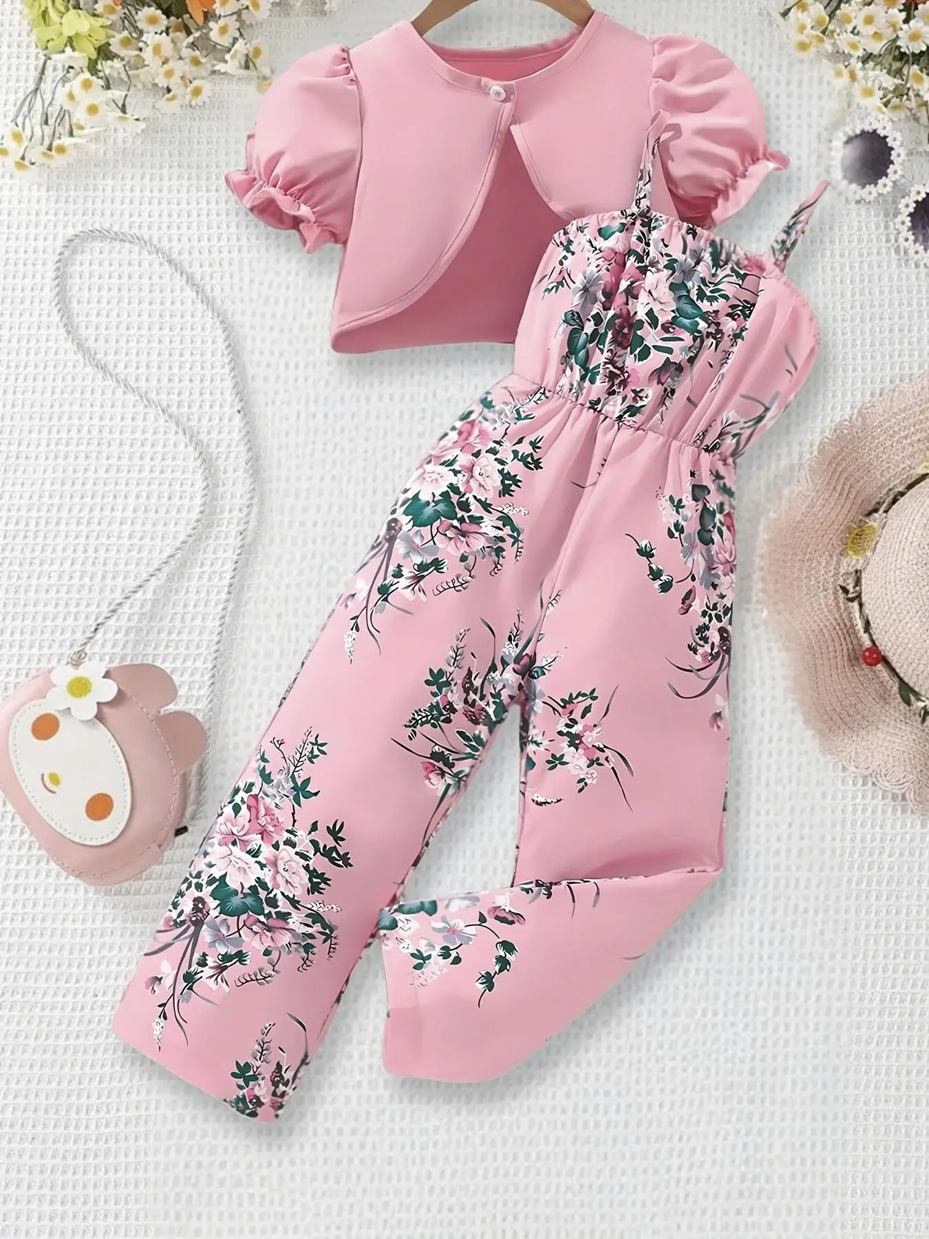 Toddler Girl's Solid Color Crop Top & Floral Print Jumpsuits Two-Piece Set, Casual Top & Jumpsuits for Summer, Kids Clothes for Daily Wear