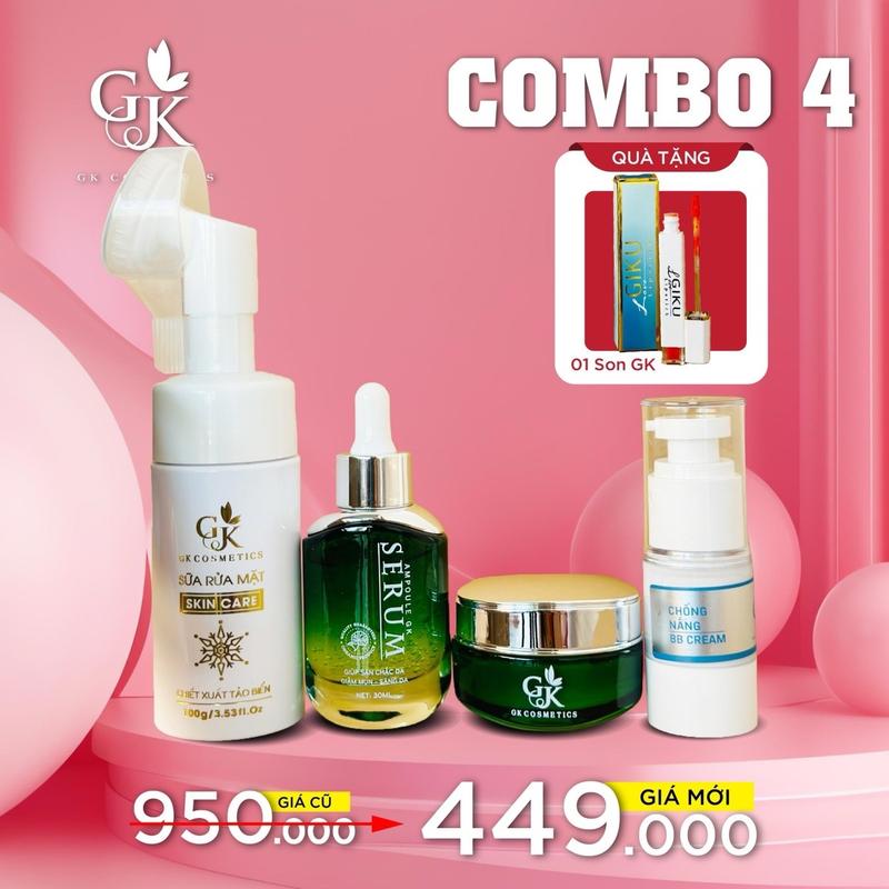 COMBO FACE GK 4 MÓN (KEM CHỐNG NẮNG, SỮA RỮA MẶT, KEM FACE, SERUM RAU MÁ) - TẶNG KÈM SON DƯỠNG GK
