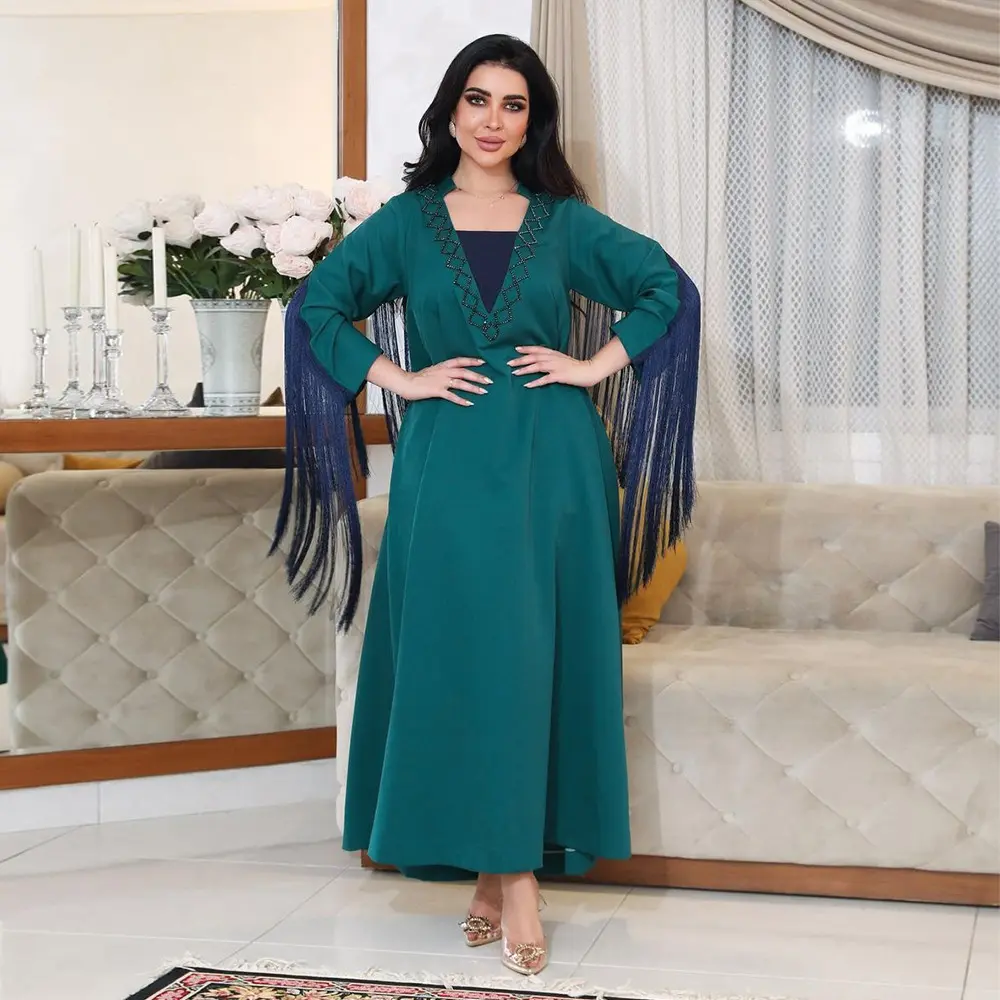 Xqy500217-Váy Trung Đông Cho Nữ, Áo Choàng Tua Rua Đính Kim Cương Giả, Abaya, Dubai, Ả Rập, Hot Fix