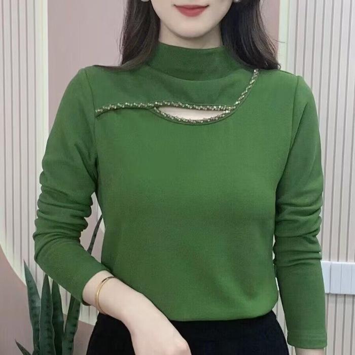 Áo Lớp Nền Hàng Mới Về, Dành Cho Nữ, Nhung Hai Mặt, Cao Cổ, Thanh Lịch, Áo Sơ Mi Giữ Nhiệt, Áo Thun Dài Tay, Có Thể Mặc Ngoài Trời, Thoải Mái Và Thường Ngày Top Women 7
