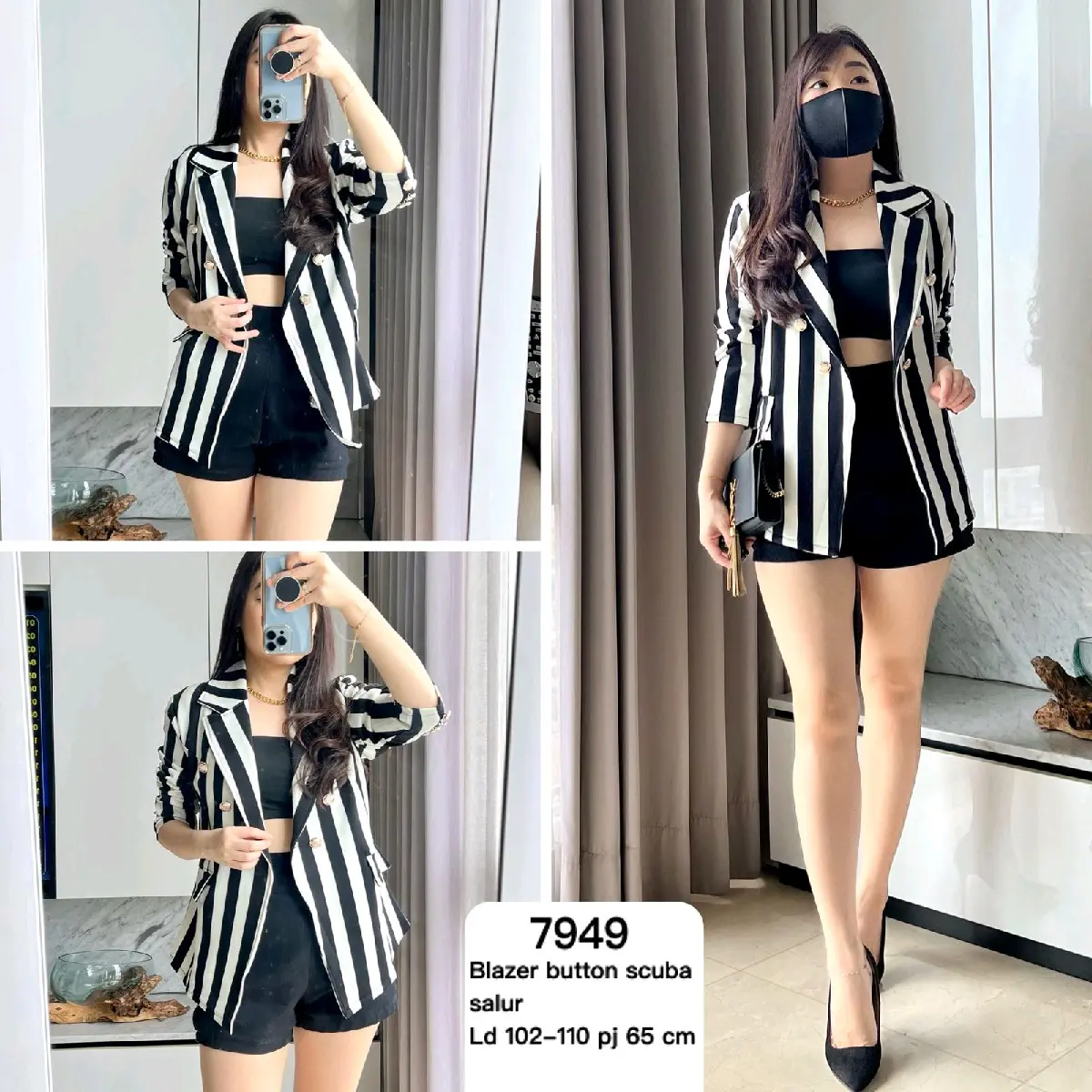 MV SHOP BLAZER STRIP SCUBA 7949 Slim-Fitting Setrip Setrip Fit Wanita Cardigan  Panjang Fit Wanita