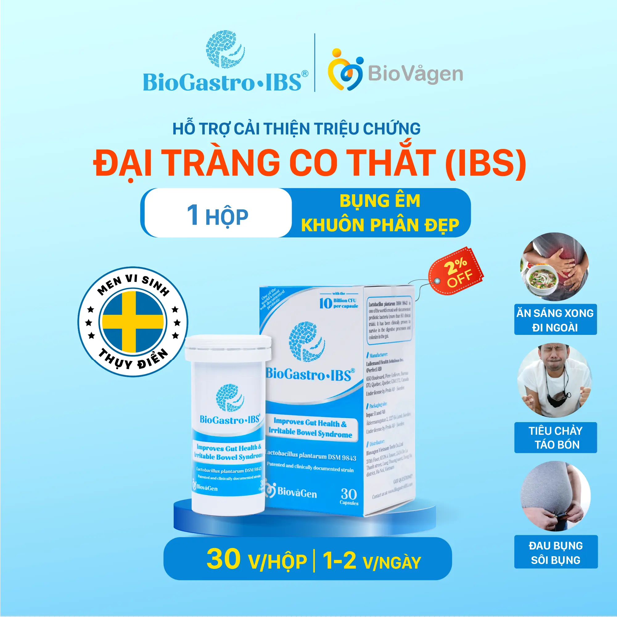 Men vi sinh BioGastro • IBS Thụy Điển dành cho IBS, đại tràng co thắt hộp 30v nang