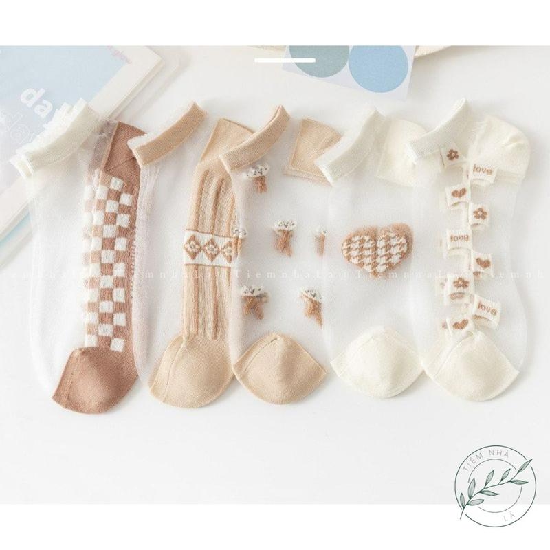 SET 5 Đôi Tất Lưới Trong Suốt Thoáng Khí In Họa Tiết Hoa Phong Cách Nhật Bản  Thời Trang Cho Nữ