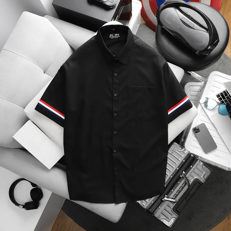 Big Men - Áo sơ mi tay ngắn có túi phối dây 2 tay vải lụa chéo big size 80-133kg