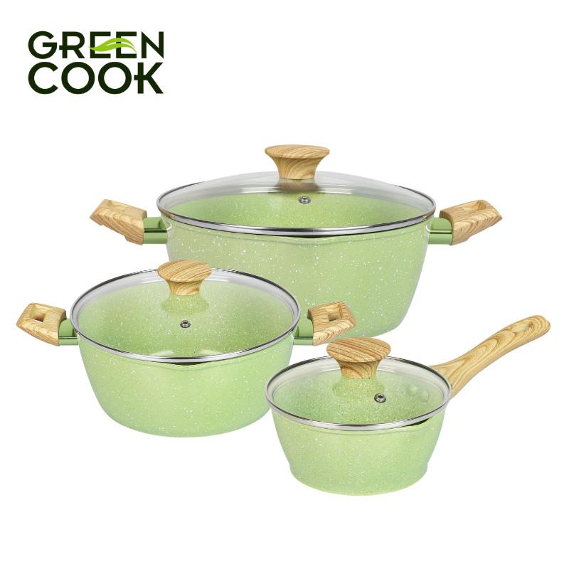 Bộ 3 nồi đúc men đá ceramic miệng rót Green Cook GCS231 màu xanh 9 lớp chống dính sử dụng được trên tất cả các loại bếp - greencook