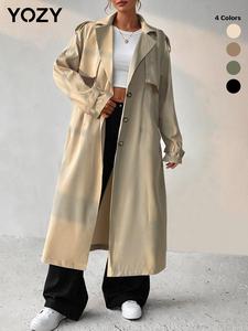YOZY Women's Solid Button Front Belted Trench Coat, Casual Lapel Collar Long Sleeve Coat for Fall & Winter, Women's Clothing for Daily Wear, Fall & Winter Clothes