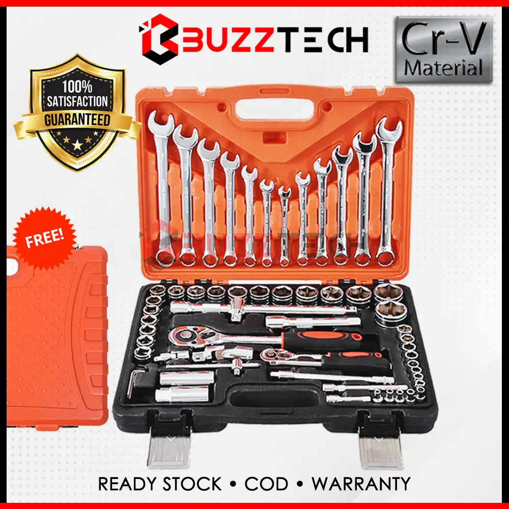 (COD) BuzzTech Original  61pcs Combination Socket Wrench Ratchet Spanner Tools Set Box Power Tool Car Motor Spark Plug Engine