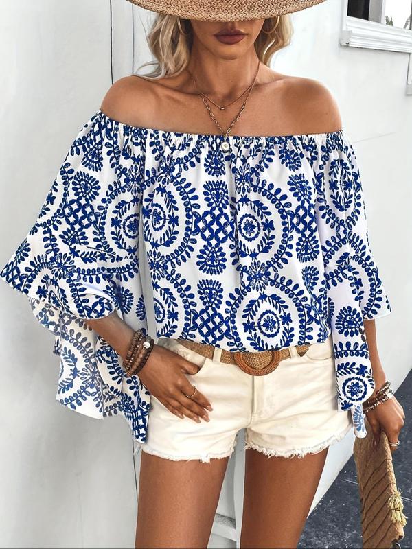 Women's All Over Print Off Shoulder Flounce Sleeve Blouse, Boho 3/4 Sleeve Top for Summer, Ladies Clothes for Beach Vacation Holiday 4