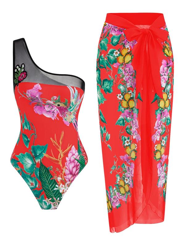 Women's Floral Print One Shoulder Contrast Mesh One-pieces Swimsuit & Wrap Skirt Set, Casual Asymmetrical Knot Front Sleeveless Swimwear for Beach Holiday Vacation, Ladies Swimsuit for Summer 3