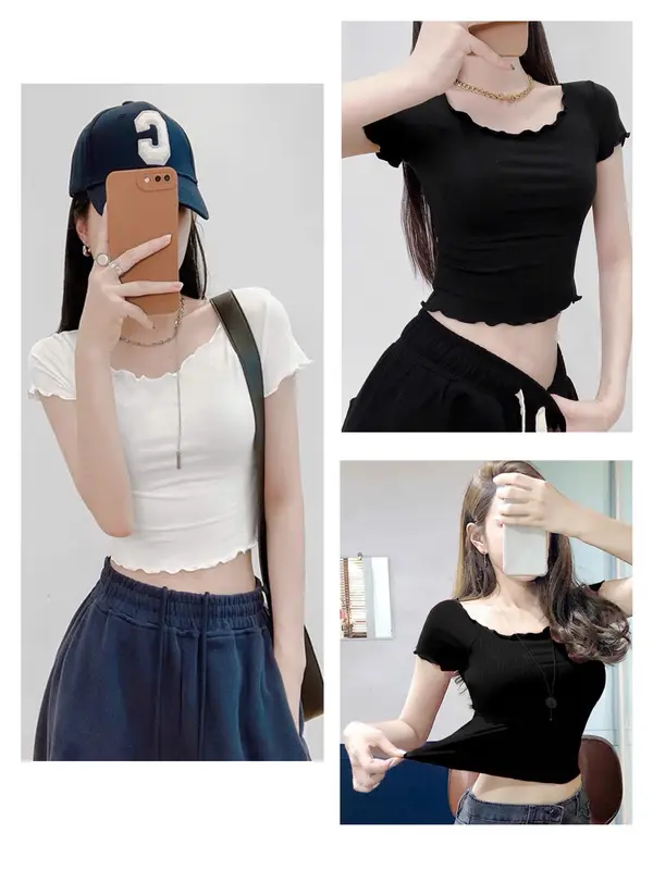 (Có Bigsize) A01 Áo thun ngắn tay, áo trễ vai viền bèo chất co giãn, mát, thoải mái dành cho nữ từ 50-80kg Chubby Cheek 2