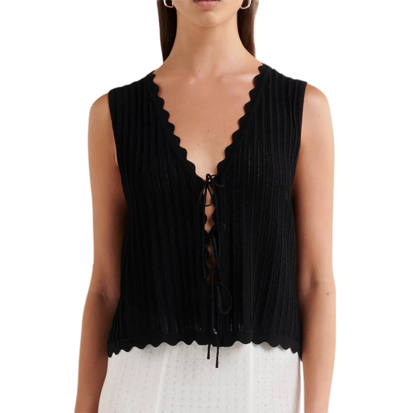 Women Knitted Tank Tops Casual Summer V-Neck Tie Front Basic Vest