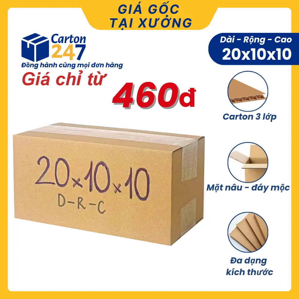 20x10x10 [COMBO 100] Hộp carton, hộp thùng đóng gói hàng 3 lớp giá rẻ - Carton 247