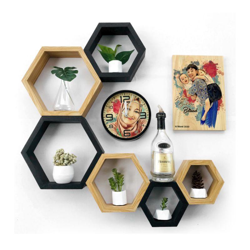 Rak Hexagonal Segi Enam 25CM Minimalis Rak Dinding Kayu Hiasan Rumah ...