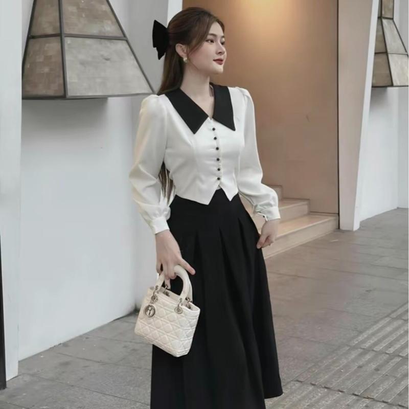 Set Áo Cổ Phối Bèo Đen Mix Chân Váy CÓ LẺ Áo Váy Form Dài Vải Mango Cho Các Nàng Từ 40-80kg Nữ Top Women Đen Trắng-B02