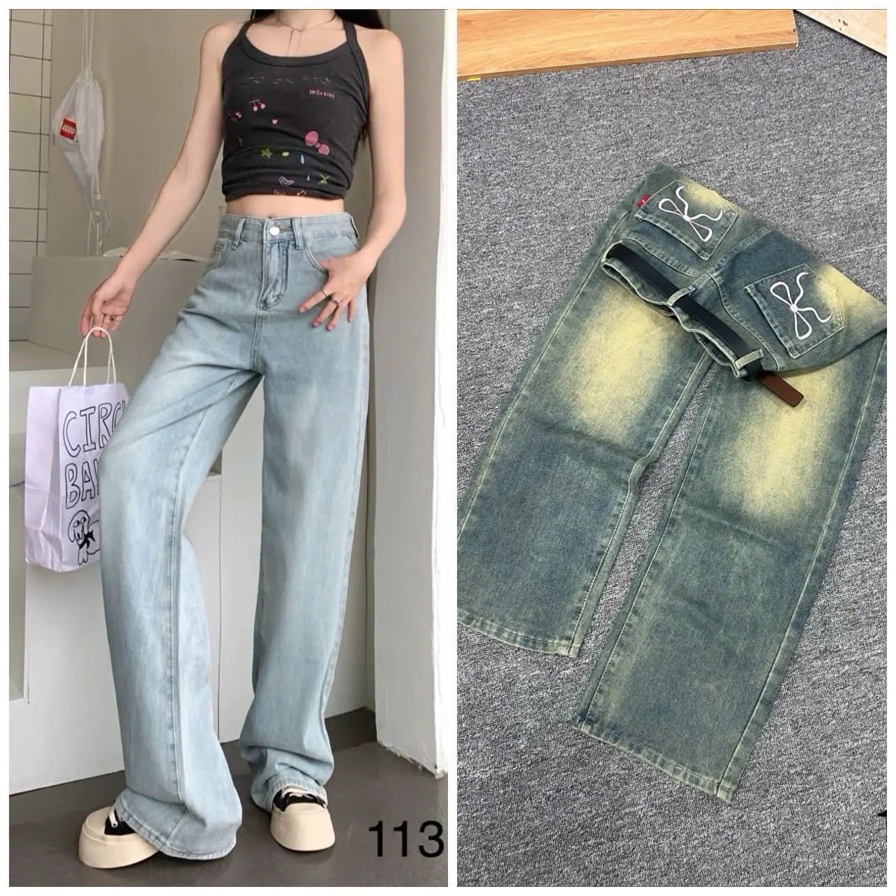 Quần jean ống suông thêu nơ sau túi chất QC đẹp