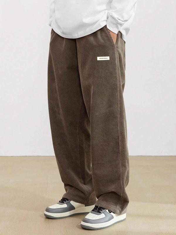 Men's Letter Label Patched Pocket Corduroy Pants, Casual Comfy Straight Leg Trousers for Fall & Winter, Men's Bottoms for Daily Wear 1